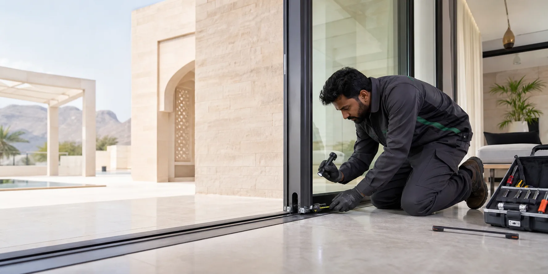 Al Noor technician inspecting the roller and track of an aluminium sliding glass door in Oman