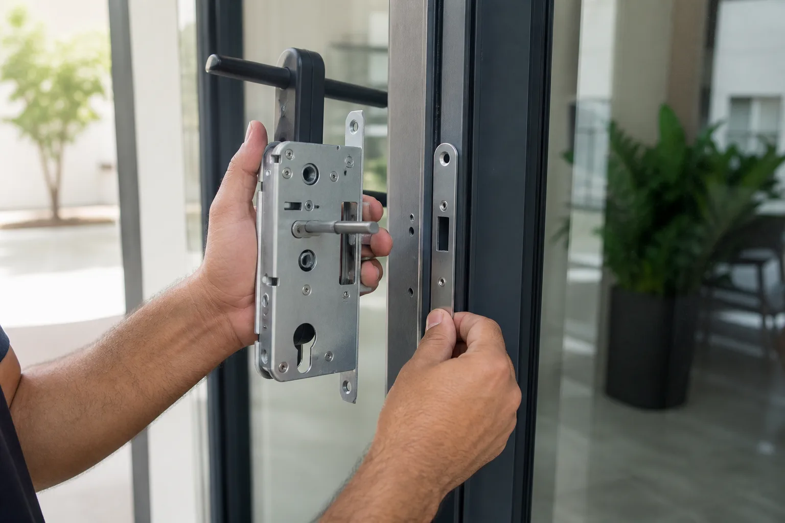 Illustrative aluminium glass-door lock body and keeper alignment