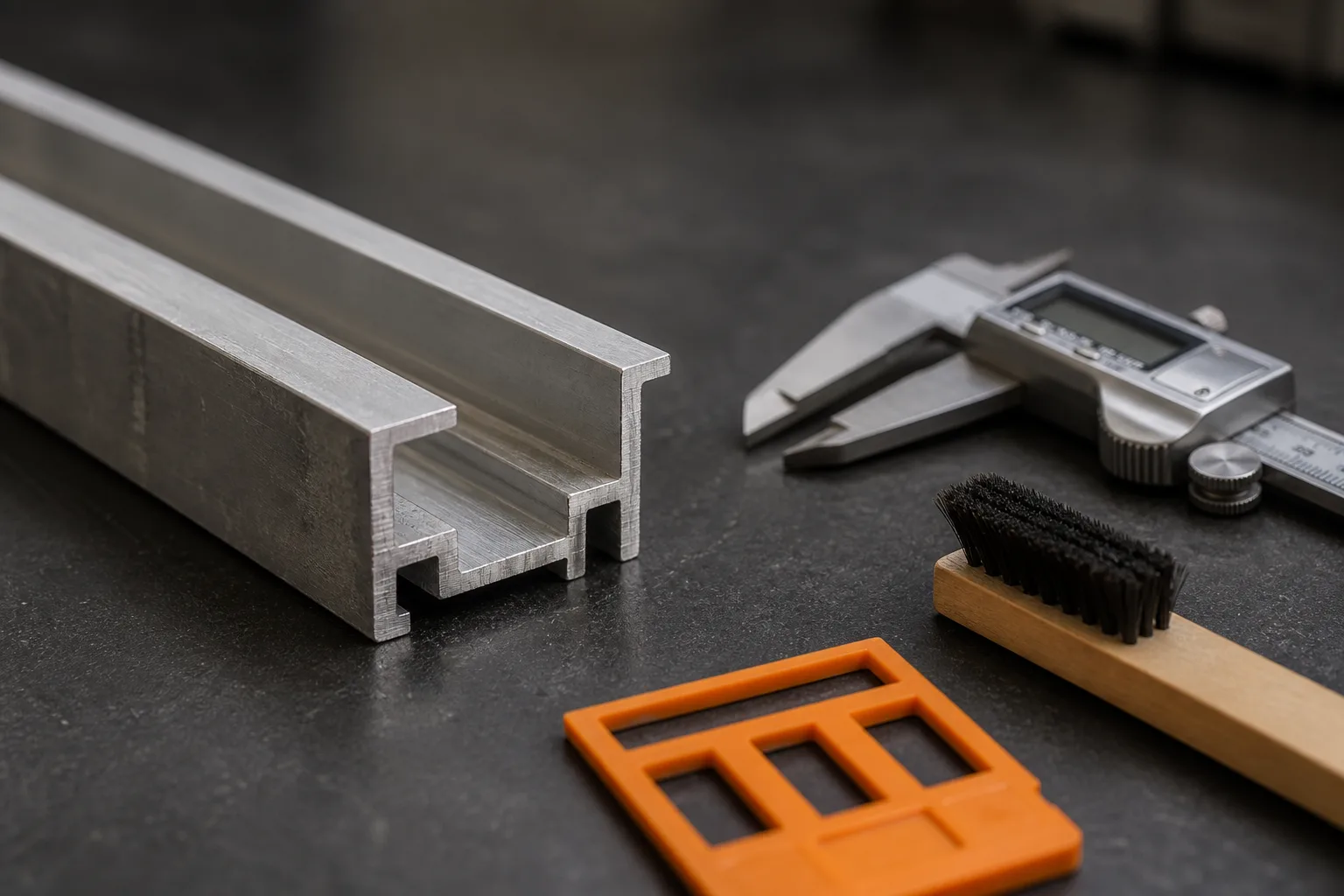 Illustrative anodized aluminium guide channel with measuring tools