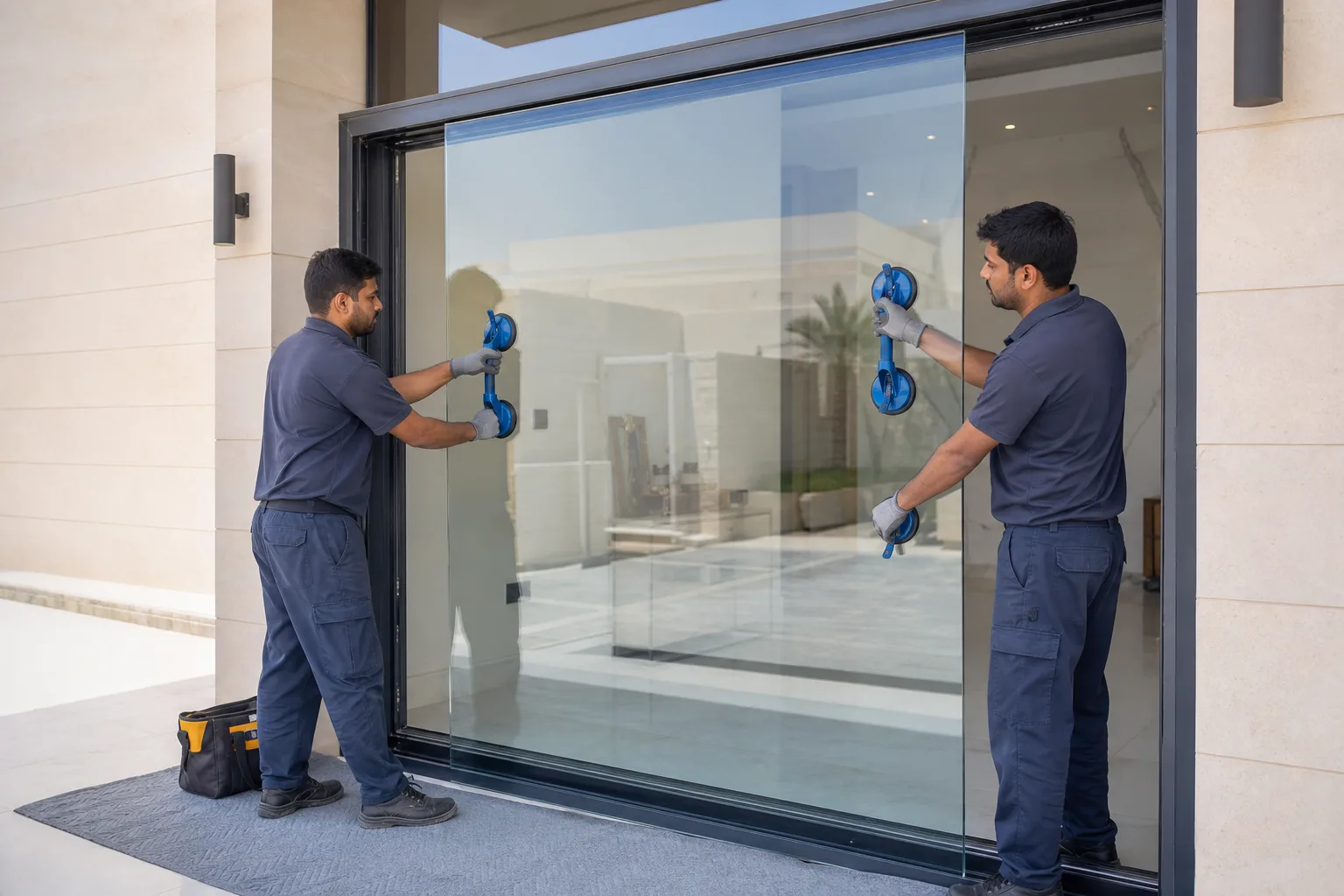 Illustrative technicians safely positioning a measured glass door panel with suction lifters in Oman