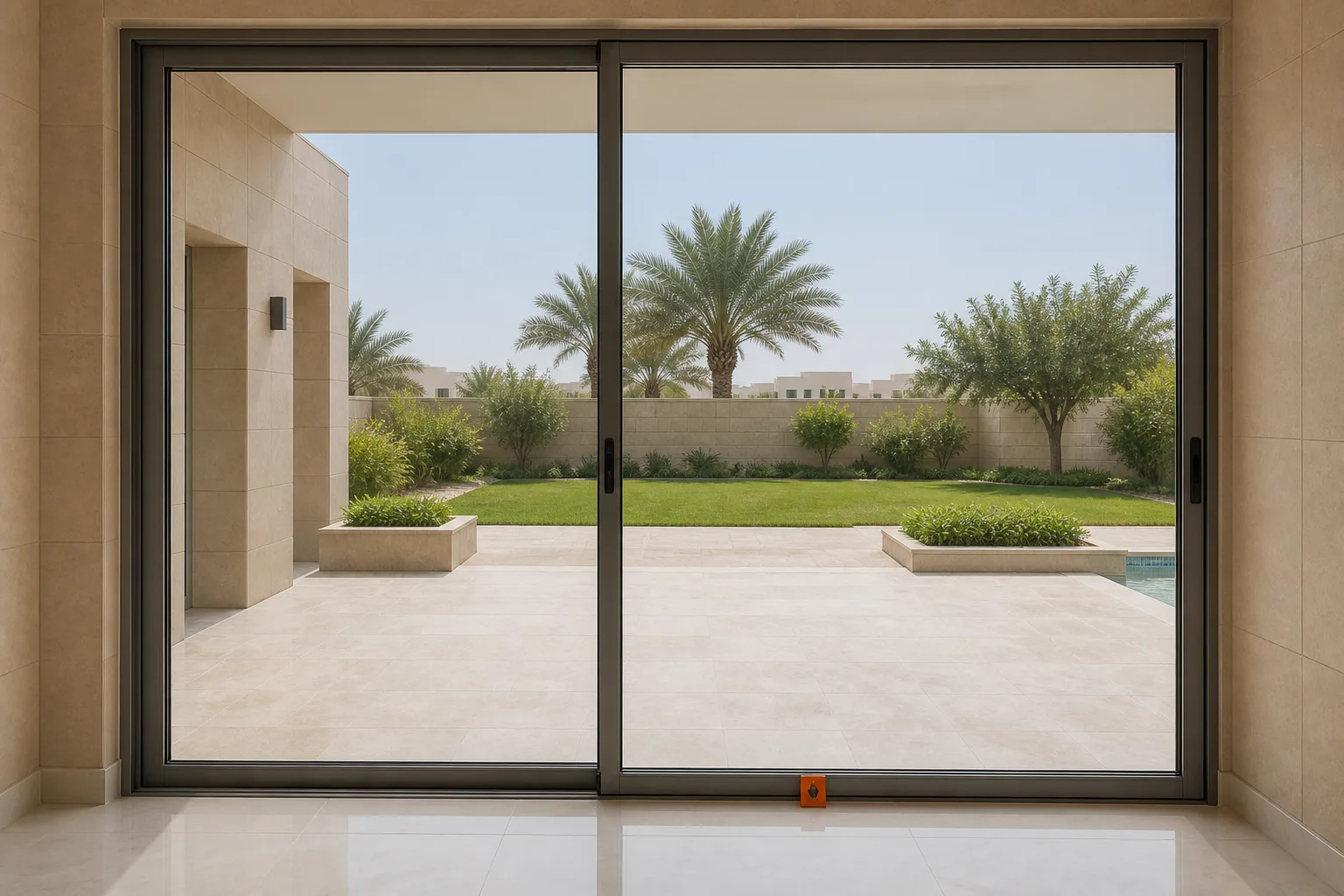 Illustrative sliding door before roller service and panel alignment