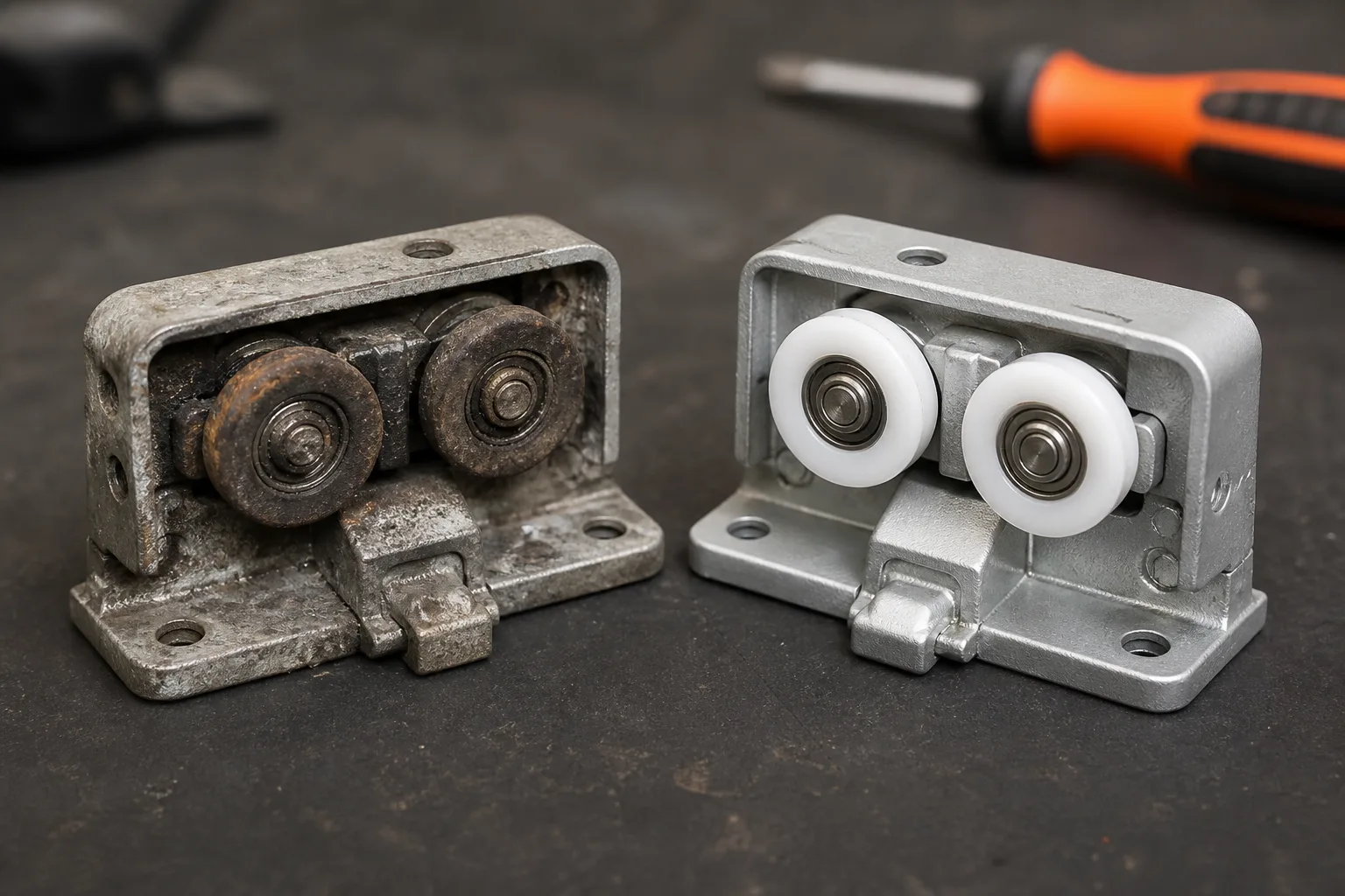 Illustrative worn and new aluminium sliding-door roller assemblies on a workshop bench